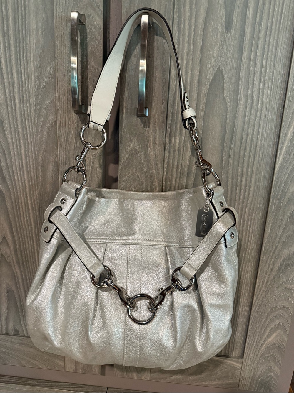 Vintage Coach Metallic Silver Leather Hampton Shoulder Bag